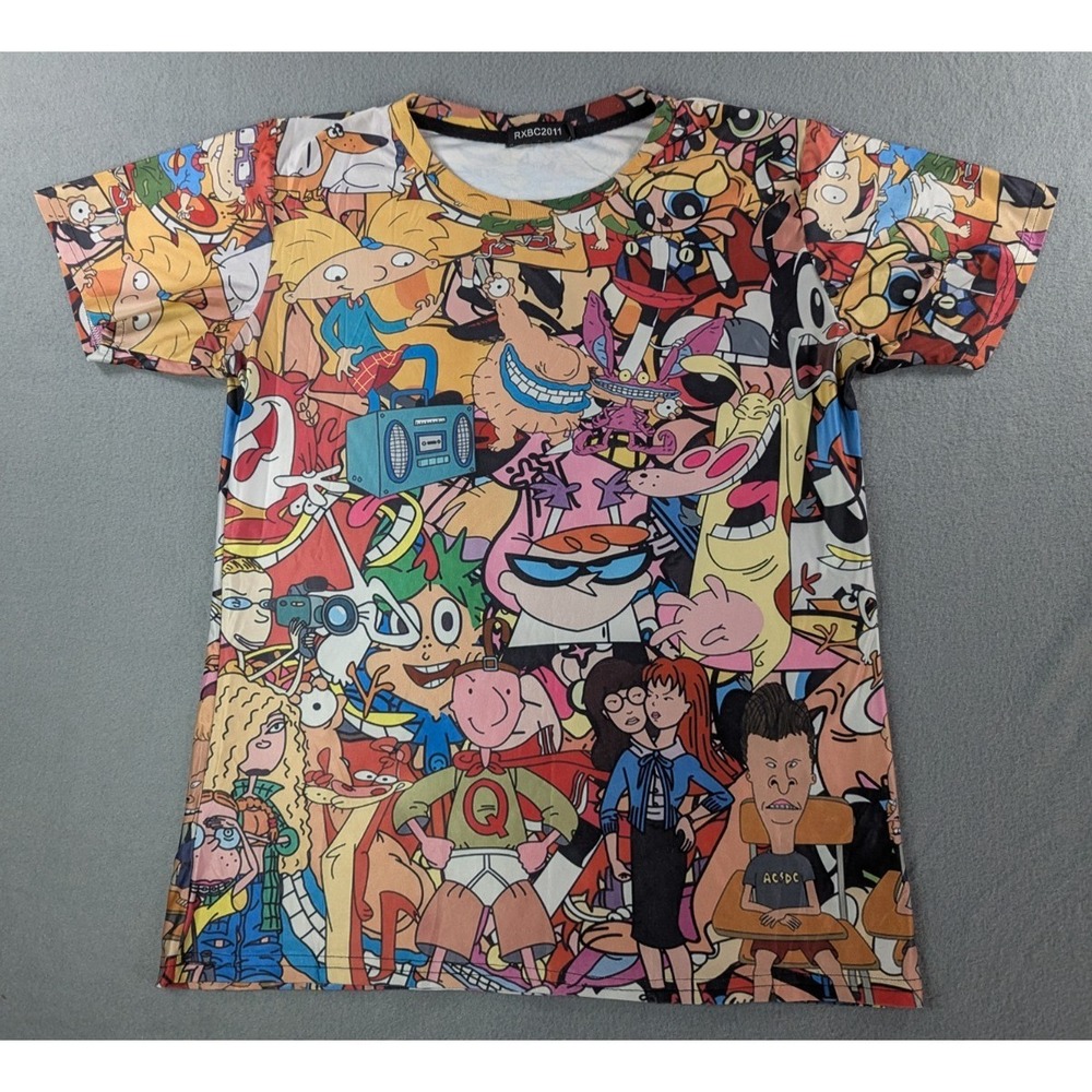 90s Nickelodeon Cartoon All Over Print Shirt Mens Medium Hey Arnold Rugrats - Picture 1 of 10